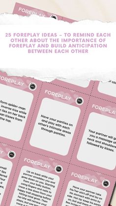 two pink stickers with words on them that read, 25 foreplay ideas to remind each other about the importance of foreplay and build anticipation between each other