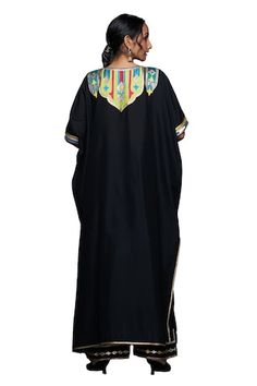 Black cotton silk kaftan with abstract and placement gota embroidery. - Aza Fashions Black Traditional Drape Kaftan For Festive Occasions, Black Ceremonial Kaftan For Eid, Black Kaftan For Eid, Black Silk Kaftan For Eid, Black Long Kaftan For Festive Occasions, Black Long Silk Kaftan, Long Black Silk Kaftan, Gota Embroidery, Kaftan Women