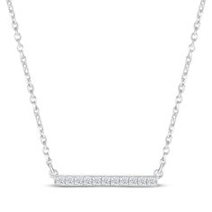 Simply chic, this horizontal bar necklace is styled in sterling silver and embellished by brilliant round diamonds. With a total diamond weight of 1/10 carat, the pendant suspends from an 18-inch cable chain that secures with a lobster clasp. Horizontal Bar Necklace, Necklace Bar, Necklace Clasps, Kay Jewelers, Simply Chic, White Necklace, Accessories Jewelry Necklace, Bar Necklace, Diamond Stone