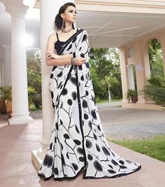 White & Black Color Georgette Party Wear Sarees :  Shehnaz Collection  YF-42410 Digital Print Saree, Online Shopping Sarees, Printed Embroidery, Print Saree, Of Sarees, Sarees Collection, Casual Saree, Elegant Saree