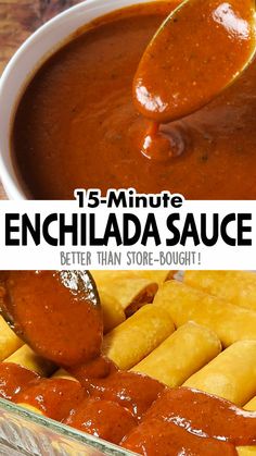 an image of enchilada sauce being spooned into a casserole dish