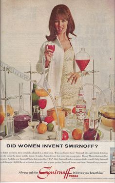 an advertisement for smirff vodka featuring a woman pouring red wine into a beakle