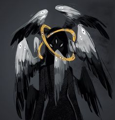 an angel with two black wings and a gold ring