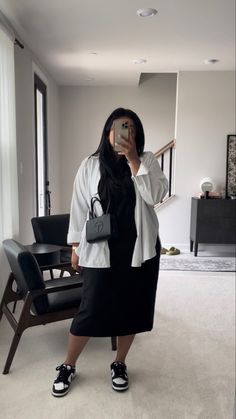 midi dress, white shirt, panda dunks, Nike dunks, Telfar bag, outfit inspiration Casual Minimalist Outfit Plus Size, Spring Plus Size Outfits Work Clothes, Comfortable Plus Size Outfits, Minimalist Outfit Plus Size, Outfit Ideas Plus Size Casual, Plus Size Basic Outfits, Plus Size Minimalist Outfits, Big Hips Outfit, Work Outfit Plus Size