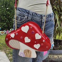 Betsey Johnson Red Mushroom Kitsch Crossbody Gold Chain Strap Black Quilted Bag, Tech Girl, Cute Crossbody Bags, Butterfly Bags, Red Mushroom, Gray Handbags, Betsey Johnson Handbags, Rainbow Outfit, Unique Purses