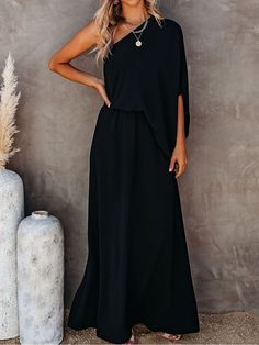 One-shoulder Solid Split Side Maxi Dress P13797 Mother In Law Dresses, Side Split Maxi Dress, Wedding Guest Dress Midi, Cocktail Dress Wedding Guest, Maxi Shift Dress, Cocktail Dress Wedding, Split Maxi Dress, Loose Outfit, Fashion Color