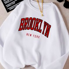 Brooklyn White Crew Neck Sweatshirt. Neoprene Soft Fabric. Brand New. No Flaws. Nice And Soft. Please See All Photos. Long Sleeve Shirt Bin #3 Casual Pullover Sweater, Monochrome Fashion, White Crew Neck, Pull Sweat, Womens Crewneck, Shein Tops, Print Sweatshirt, Print Pullover, Casual Pullover