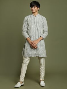 YUVA BY VASTRAMAY Boys' Grey Georgette Chikankari Kurta Pyjama Set This elegant kurta pyjama set features a grey georgette kurta with beautiful chikankari embroidery. The kurta has a mandarin collar, long sleeves, and a button placket. The set comes with matching solid viscose pyjamas for a comfortable and stylish look. Perfect for special occasions or everyday wear. Key Features Grey georgette kurta with chikankari embroidery Mandarin collar Long sleeves Button placket Straight hem with side sl Georgette Chikankari Kurta, Georgette Kurta, Chikankari Kurta, Chikankari Embroidery, Kurta Pyjama, Boys Wear, Pyjama Set, Top Fabric, Product Images