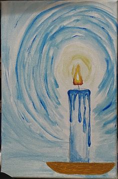 a painting of a lit candle with blue and white swirls in the sky above it