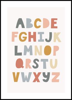 the alphabet is made up of different colors and shapes, including letters that appear to be multicolored