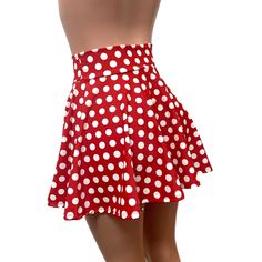 Everyone needs a little polka-dot in their lives! This red & white polka dot spandex skater skirt is a full-circle mini skirt that will sit high on your natural waist. It is perfect for your "Minnie" costume or festival outfit. We use high quality 4-way stretch spandex and make our clothing to order in the USA. Red Polka Dot Skirt, Minnie Costume, Black Polka Dot Skirt, Polka Dot Skirt, Dot Skirt, Red Polka Dot, Red Skirts, Kpop Fashion Outfits, Red Shorts