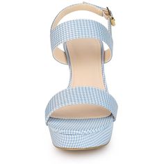 These playful, modern platform sandals feature a square buckle at the ankle strap, a naturally breathable fabric upper, and a thick block heel. These sandals feature a slim silhouette with an open round toe for elegance with every step. Details: Platform Sandals; Buckle Closure; Plaid Printing; Block Heeled; Vamp: Plaid Fabric; Outsole: Rubber+PU; Heel: PU; Heel Height: 3.9 inches; Platform Height: 1.2 inches. Womens Chunky Heels, Chunky High Heels, Open Toe Shoes, Plaid Fabric, Blue Sandals, Plaid Print, Chunky Heel, Heel Sandals, High Heel Sandals