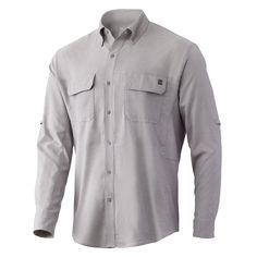 a gray shirt with long sleeves and buttons on the chest, in front of a white background