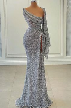 Sexy Long One Shoulder Sequins Slit Prom Dress Mermaid Silver Matric Dance Dress, Silver Gowns Elegant, Silver Prom Dress Sparkly, Silver Dresses Elegant, Silver Long Gown, Silver Long Dress, Prom Dress Sparkly, Mermaid Prom Gown, Silver Prom Dress