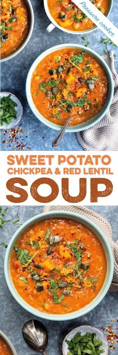 two bowls of sweet potato chickbab and red lentil soup