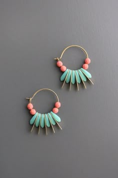 Hoop Earrings Aesthetic, Brass Hoop Earrings, Designer Handmade Jewellery, Turquoise And Coral, Brass Hoops, Jewelry Fashion Trends, Stunning Earrings, Multi Strand Necklace, Hook Earrings