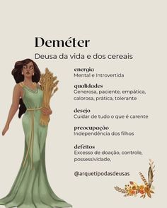 a woman in a green dress is holding flowers and the words demeter written below her