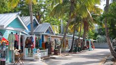 a row of small houses with palm trees lining the street and shops on both sides