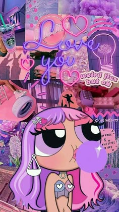 the powerpuff girls collage is shown in purple and pink colors, with many different