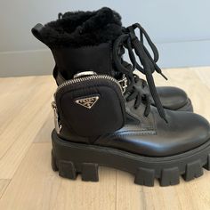 Worn Only A Couple Of Times But The Way I Walked Made The Soles Scrape The Sides Besides For That They Are In Great Condition Prada Monolith, Shoes Prada, Biker Boots, Prada Shoes, Moto Boots, A Couple, Prada, The Way, Women Shoes