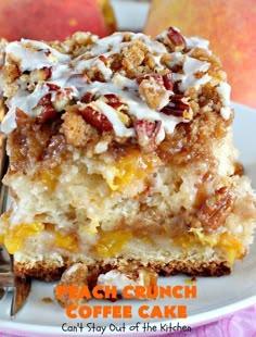 a piece of peach crunch coffee cake on a plate