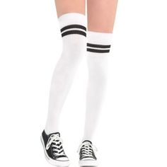 Put together a sporty look on Halloween with a pair of White Stripe Athletic Thigh High Socks! These thigh high socks are white with two black stripes on the top. Use these socks to accessorize your baseball player costume basketball player costume or any other sporty costume idea. The Halloween party will be a ball when you dress up with these socks! Shoes not included. White Stripe Athletic Thigh High Socks product details:  Fabric Spot clean only Tennis Players Costume, Basketball Player Costume, Football Player Halloween Costume, Baseball Player Costume, Football Halloween Costume, Football Player Costume, Football Costume, Edm Fashion, Rave Fashion