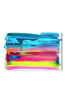 an abstract painting with blue, pink and yellow colors