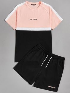 Colorblock Top, Drawstring Waist Shorts, Mens Casual Dress Outfits, Track Shorts