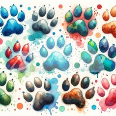 watercolor painting of paw prints on white paper with colorful circles and dots in the background