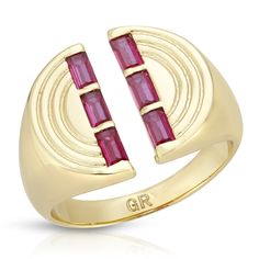 A 70's vintage inspired, yet modern split signet ring features 2 rows of baguettes. Ruby colored CZ's Sizes 6,7,8 Slightly adjustable 14K Gold over Brass Sterling Silver Midi Rings, Signet Ring Gold, Midi Rings Silver, Oversized Hoop Earrings, Diamond Bracelet Design, Ring Ruby, Gold Statement Ring, Gold Signet Ring, Bracelet Design