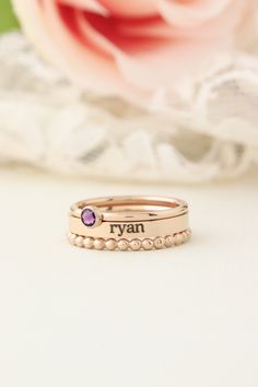 "This listing is for a full set of stacking rings! You get exactly as pictured in the photos with the rose gold rings, to include the following: 1 - laser engraved 3mm name ring up to 10 characters 1 - dainty birthstone crystal ring 1 - beaded spacer ring ❤️10 character limit (spaces included in 10 characters) ❤️Outside engraving only ❤️Hypoallergenic stainless steel - will not turn your fingers green ❤️I DO NOT accept returns because you ordered the wrong size -- please have your finger sized a Silver Dainty Stackable Rings For Mother's Day, Dainty Personalized Stackable Rings Adjustable, Engraved Birthstone Ring, Dainty Personalized Stackable Adjustable Rings, Personalized Sterling Silver Stackable Rings For Mother's Day, Mom Rings Stackable, Customizable Stackable Rings For Mother’s Day, Stackable Name Rings, Daughter Ring