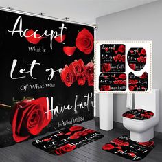 a bathroom with red roses on the shower curtain and rugs in front of it