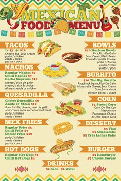 the mexican food menu is shown with different foods and drinks in each section, including hotdogs, quesadillas, burritos