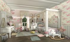 a bedroom with pink flowers on the walls and white furniture, including a canopy bed