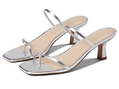 FARYL by Farylrobin Aria - Women's Shoes : Silver Leather : Exude absolute elegance with your chic style wearing the FARYL by Farylrobin Aria sandals. Heeled sandals featuring strappy man-made upper. Man-made lining. Open square toe silhouette. Low-heel design. Easy slip-on style. Man-made outsole. Imported. Faryl Mission Statement • Faryl Robin Statement of Purpose: We are fierce advocates for empowering people with the best footwear choices for them. • Faryl Robin Vision: We see a world where Silver Heels Small Heel, Silver Bridesmaid Shoes Low Heel, Silver High Heels For Quinceanera, Small Heel Shoes Elegant, Sleek Strappy Sandals For Spring, Sleek Strappy Spring Sandals, Formal Summer Sandals With Single Toe Strap, Sleek Sandals With Stacked Heel For Spring, Fitted Sandals With Stacked Heel For Summer