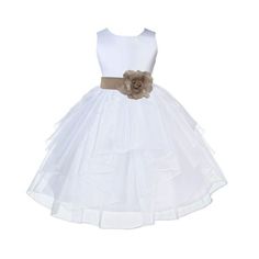 The elegant feature is made out of White Satin Poly upper body and sleeveless bodice with an elegant 5 tiered Shimmering Organza skirt. The waistline is decorated with a removable tiebow sash and flower to make this dress more elegant. The back of the dress has elegant cute buttons closure and a nice bow you can tie for a snug fit. Size: size M.  Color: Gold.  Gender: female.  Age Group: kids. Girls Dres, Organza Flower Girl Dress, Making A Wedding Dress, Ivory Flower Girl Dresses, Organza Skirt, White Flower Girl Dresses, Organza Flowers, Christening Gowns, Junior Bridesmaid Dresses