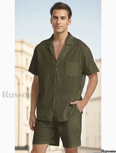 Russoo - Cotton and Linen Blend Mens 2-Piece Ensemble: Short Sleeve Shirt with Coordinating Beach Shorts Solid Color Relaxed Fit Sets For Beach, Casual Solid Color Sets For Vacation, Casual Solid Color Vacation Sets, Beach Sets With Pockets And Shorts, Solid Cotton Sets For Vacation, Casual Green Sets For Beach Season, Green Relaxed Fit Sets For Vacation, Green Relaxed Fit Vacation Sets, Summer Sets With Pockets And Short Sleeves