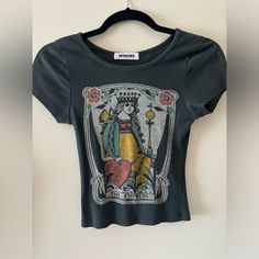 Queen Of Hearts Baby Tee. I Believe It’s A Size Medium But Fits As A Small. Never Worn Fitted Crew Neck Top With Heart Graphic, Trendy Fitted Top With Heart Graphic, Trendy Fitted Tops With Heart Graphic, Vintage Black Top With Funny Print, Fitted Trendy Tops With Heart Print, Trendy Fitted Heart Print Tops, Trendy Fitted Tops With Heart Print, Fitted Vintage Tops With Graphic Print, Cute Black Printed Tops