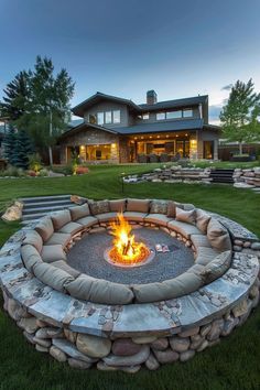 a fire pit sitting in the middle of a lush green field next to a large house