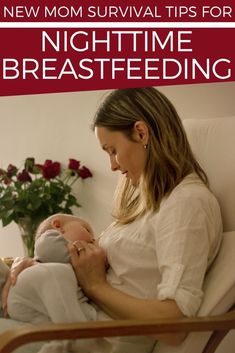 a mother breasting her baby in bed with the text new mom survival tips for nighttime breastfeeding