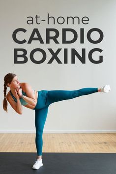 a woman doing a yoga pose with the words at - home cardio boxing above her