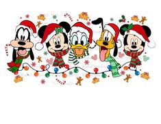 mickey mouse christmas wallpaper with three goofy and pluto characters wearing santa hats, scarfs and