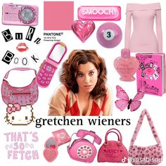 there is a woman with pink accessories in this picture and the caption says, gretchem wieners that's so fetch