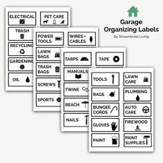 four signs are shown in black and white with the words garage organizing labels on them