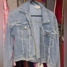 Never Worn, Size Medium, Bought At A Boutique Spring Party Casual Denim Jacket, Casual Denim Jacket For Party In Winter, Denim Winter Party Outerwear, Winter Party Denim Outerwear, Casual Denim Outerwear For Party, Bedazzled Jacket, Jean Jackets, Jean Coat, Jean Jacket