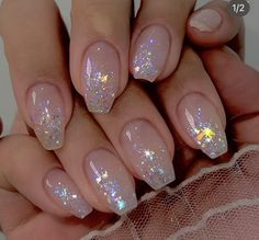 Pearl Sparkle Nails, Sparkle Pearl Nails, Opal Colored Nails, Iridescent Nails With Design, Opal Pearl Nails, Iredesant Pearl Nails, Wedding Nails Pearlescent, Basic Acrylics, Pearl Nail Designs