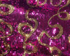 "Magenta 5mm sequins and Gold mini sequins embroidered on to black mesh fabric. This is considered a non-stretch fabric though there is a slight stretch to it. It is a fantastic fabric to sew on and I have made some amazing jackets with it. Measures 58\" wide but 54\" useable. Have some fun with this fabric. If you buy more than one yard, it will be in one continuous piece." Sequin Fabric For Party And Festivals, Stretch Sequin Fabric With Glitter For Night Out, Disco Style Embellished Sequin Fabric For Party Season, Embellished Sequin Fabric For Evening Festivals, Glamorous Stretch Sequin Fabric With Contrast Sequins, Embellished Sequin Fabric For Party Festivals, Gold Sequin Fabric For Festivals And Parties, Glamorous Stretch Contrast Sequin Fabric, Party Stretch Sequin Fabric With Glitter Print