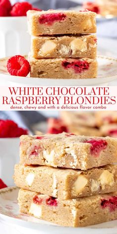 white chocolate raspberry blondies are stacked on top of each other and ready to be eaten