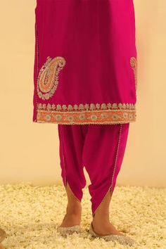 Pink kurta with Kashmiri tilla gota and kundan embroidery. Paired with a dhoti pant. - Aza Fashions Designer Bottoms With Resham Embroidery And Traditional Drape, Bollywood Style Bottoms For Navratri Designer Wear, Traditional Designer Bottoms For Navratri, Designer Wear Traditional Drape Bottoms For Eid, Designer Traditional Drape Bottoms For Eid, Traditional Drape Bottoms With Dupatta For Eid, Eid Bottoms With Resham Embroidery In Traditional Drape, Eid Bottoms With Resham Embroidery And Traditional Drape, Bollywood Designer Bottoms For Diwali