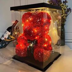 a teddy bear made out of roses in a glass box with lights on the side